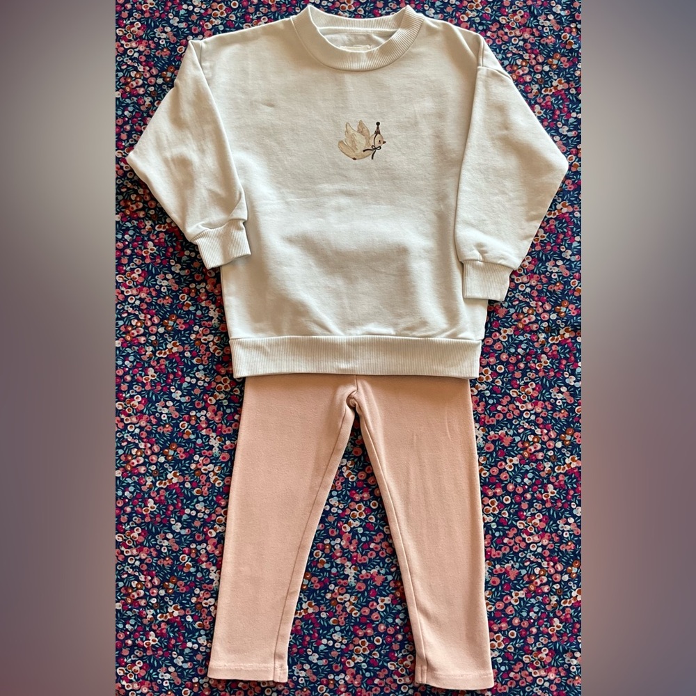 Off White Bird Sweatshirt & Blush Pink Leggings Kids Matching Set